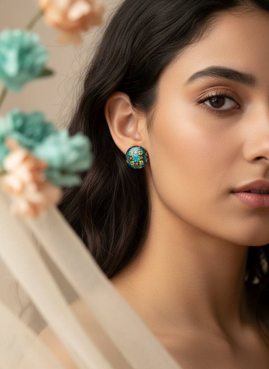 Cabochon Earring with Flower