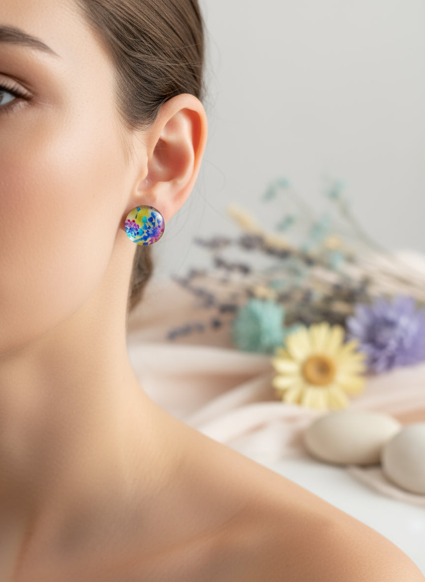 Cabochon Earring with Flower
