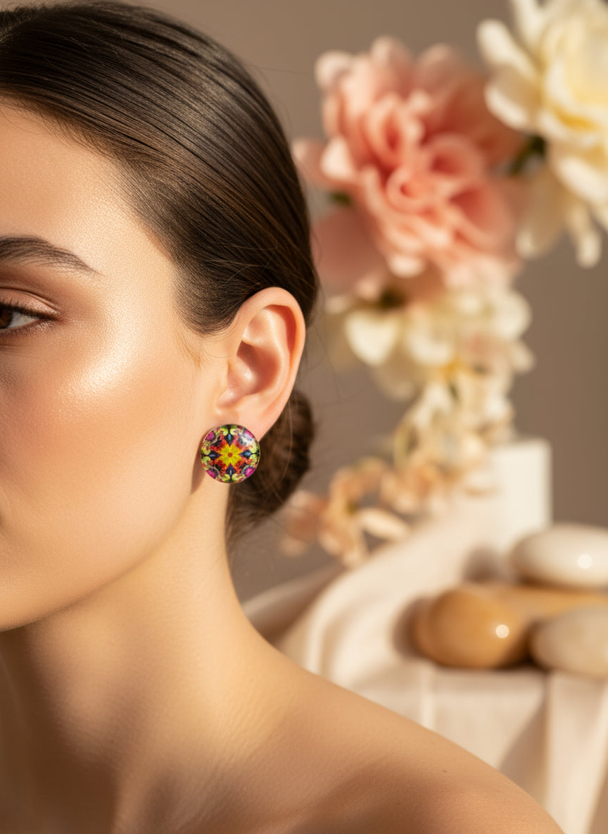 Cabochon Earring with Flower