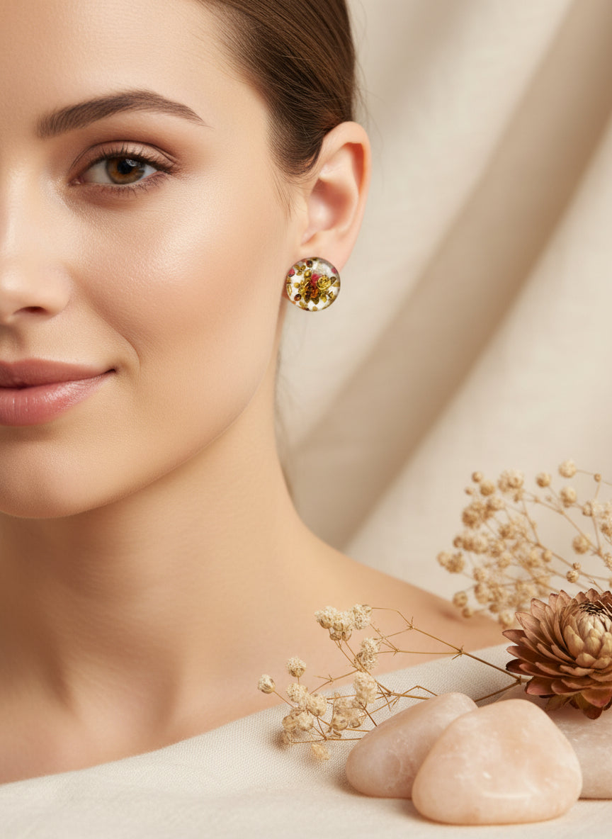 Cabochon Earring with Flower
