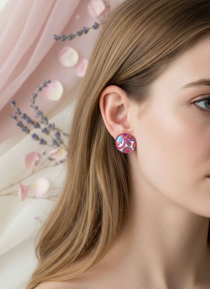 Cabochon Earring with Flower