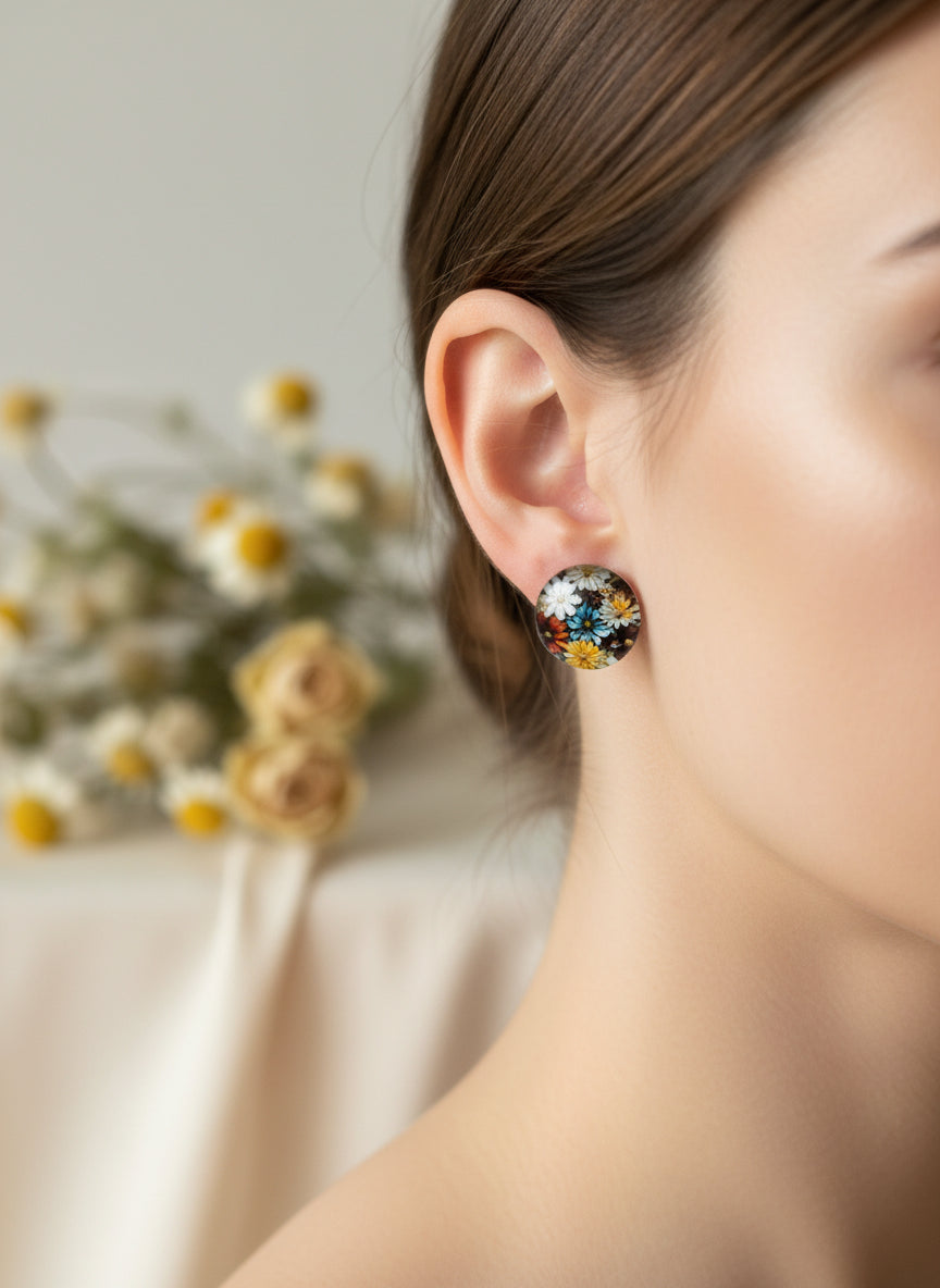 Cabochon Earring with Flower