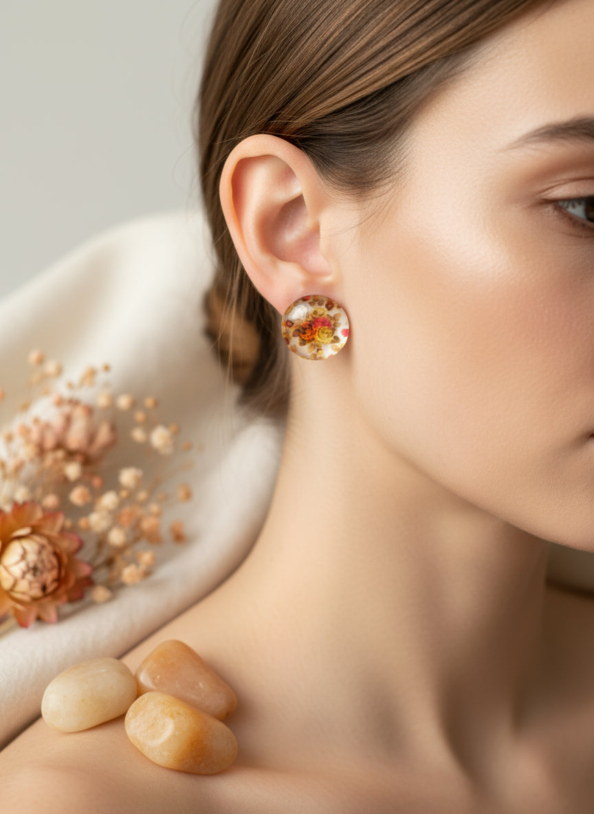 Cabochon Earring with Flower