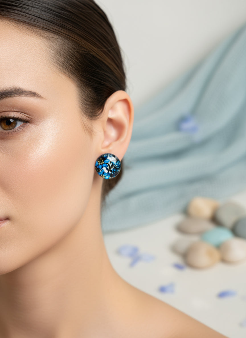 Cabochon Earring with Flower