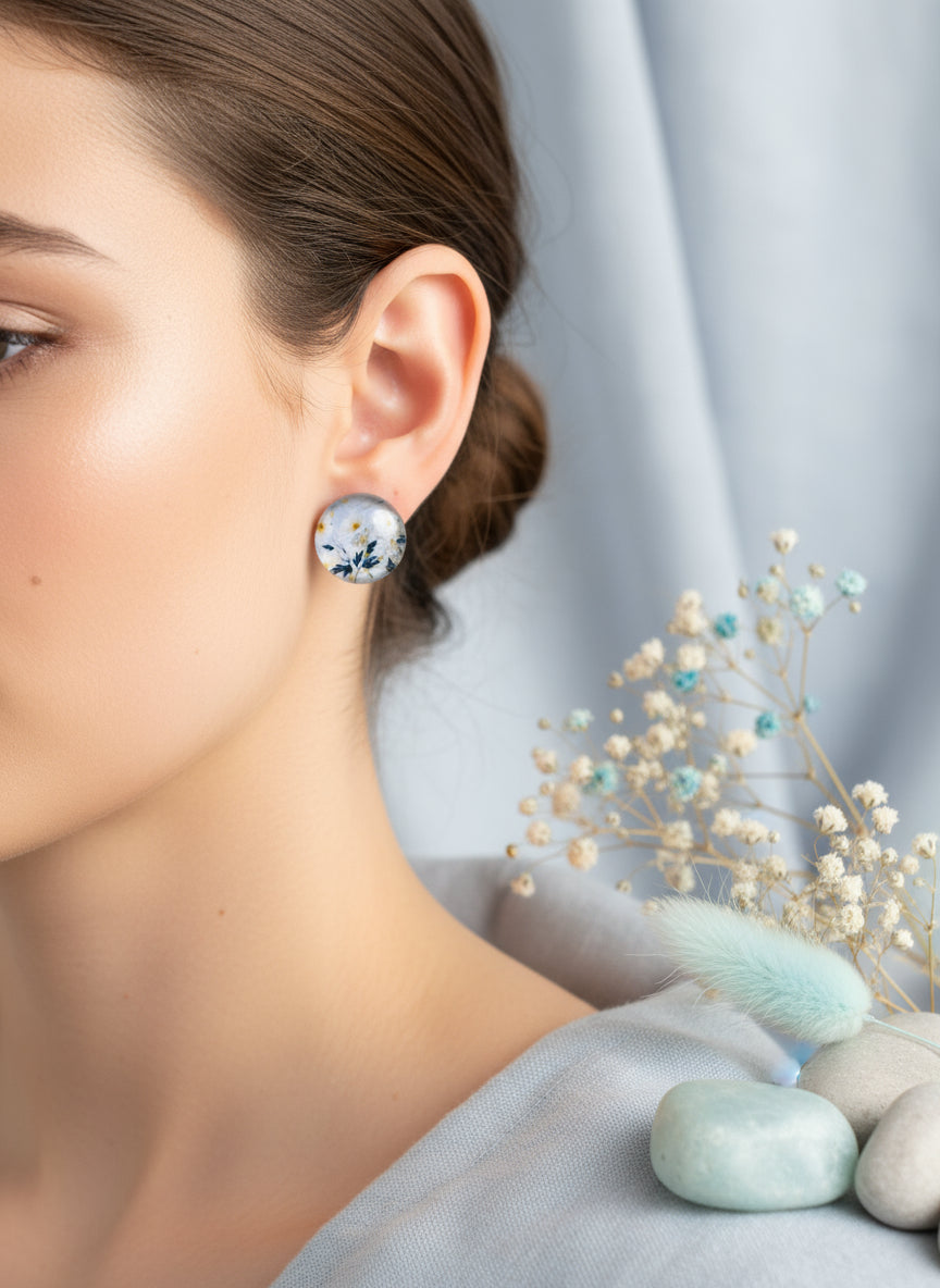 Cabochon Earring with Flower