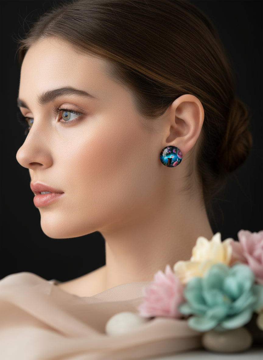 Cabochon Earring with Flower