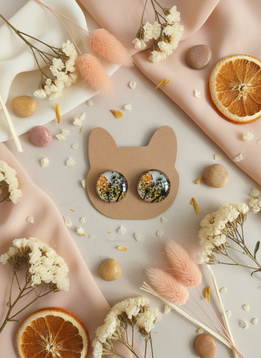 Cabochon Earring with Flower