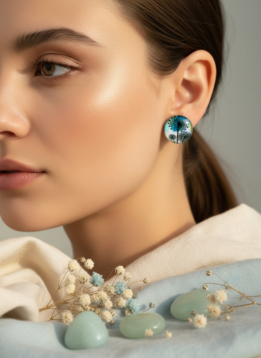 Cabochon Earring with Flower