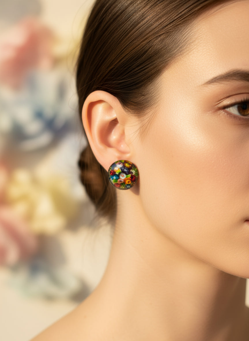 Cabochon Earring with Flower