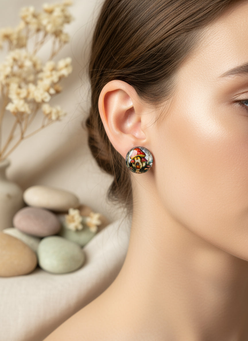 Cabochon Earring with Mushroom