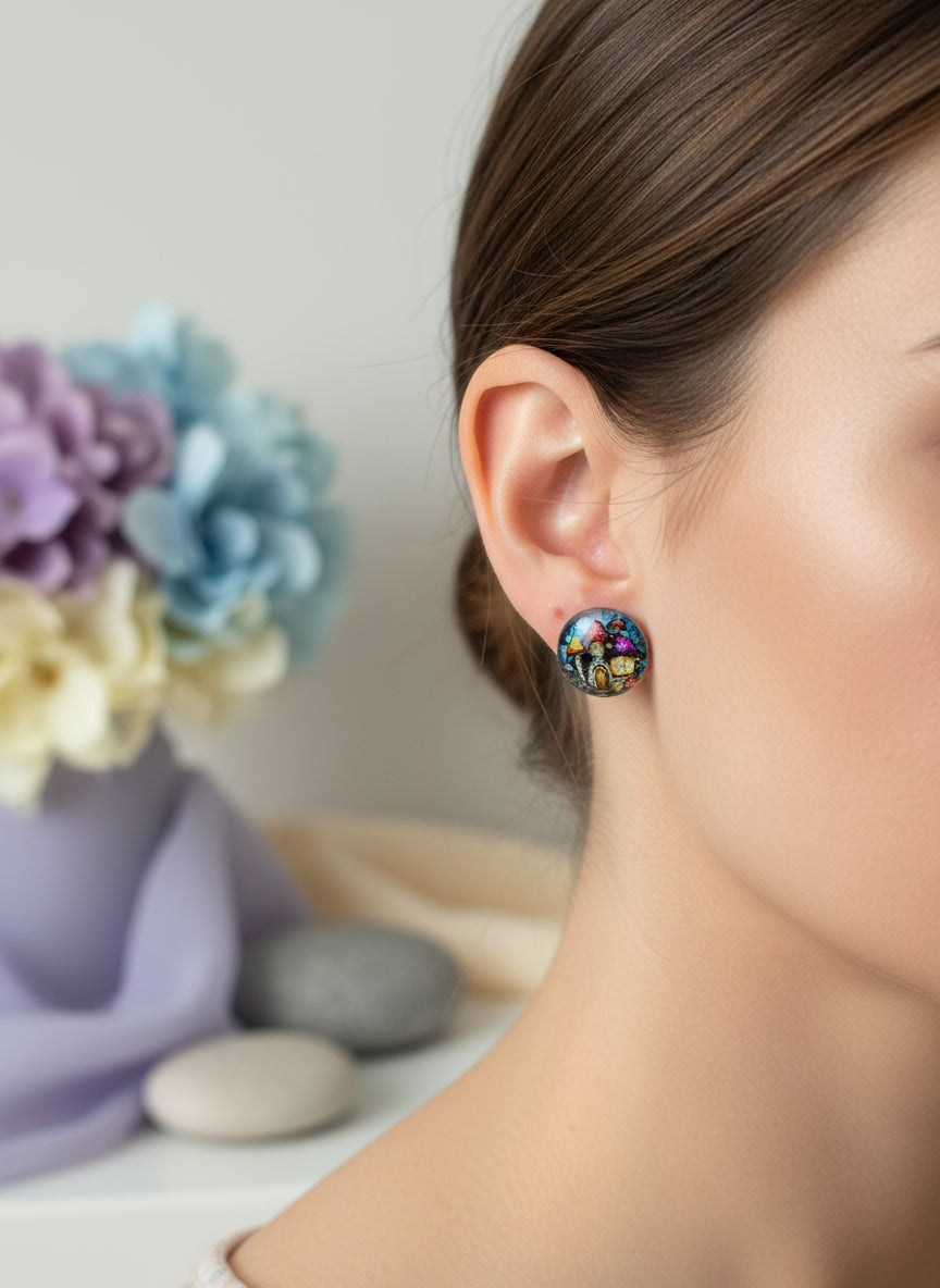 Cabochon Earring with Mushroom