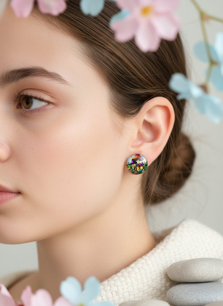 Cabochon Earring with Mushroom