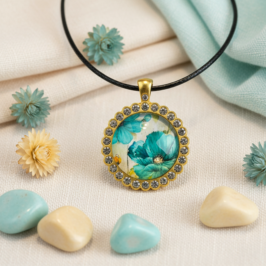 Cabochon Necklace Light Blue Flowers